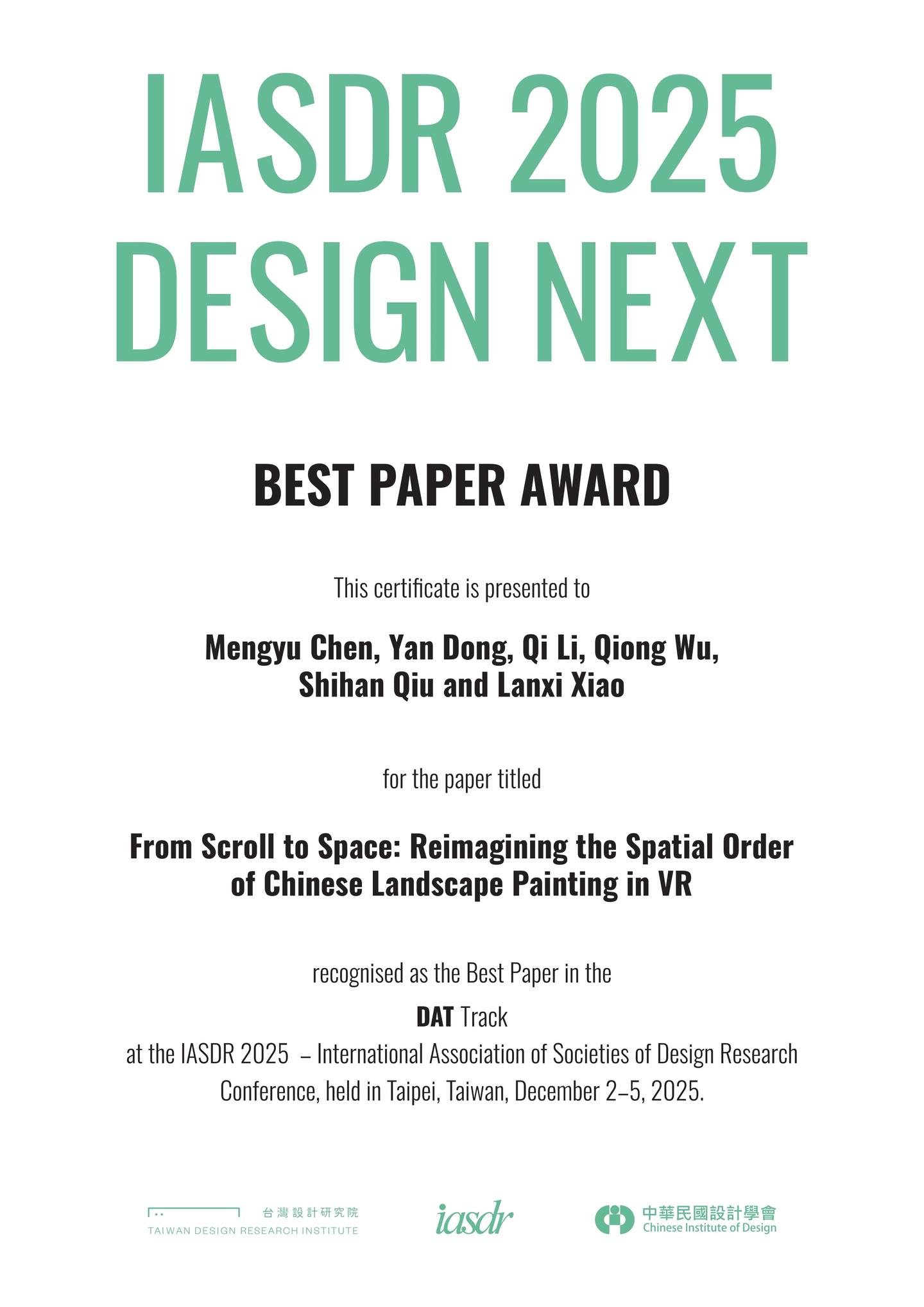 IASDR Best Paper certificate